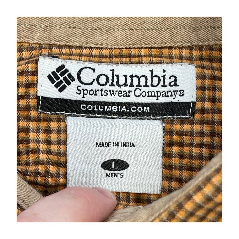 Columbia Shirt Men's Large Yellow Brown Mini Gingham Cotton Classic Button-Down - Picture 2 of 7